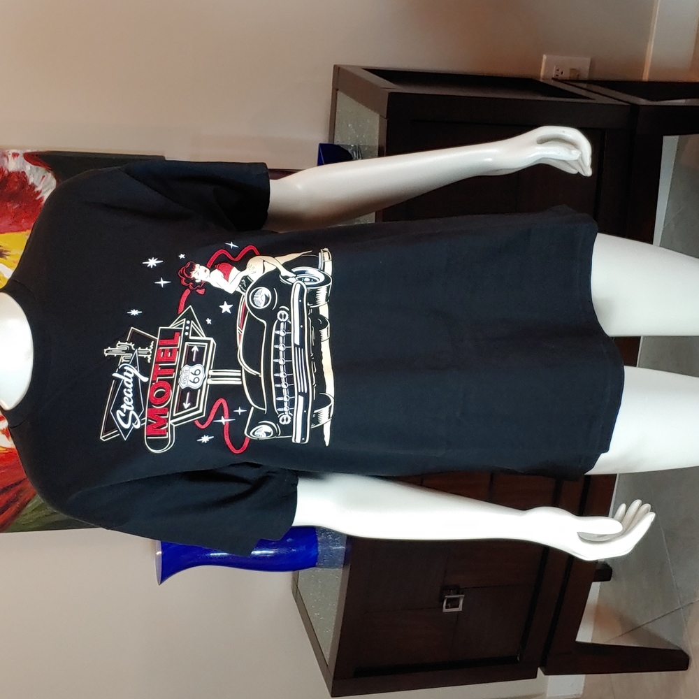 NWT Women's Steady Clothing Sz M  Rockabilly Pinup Route 66 Black Tee Shirt